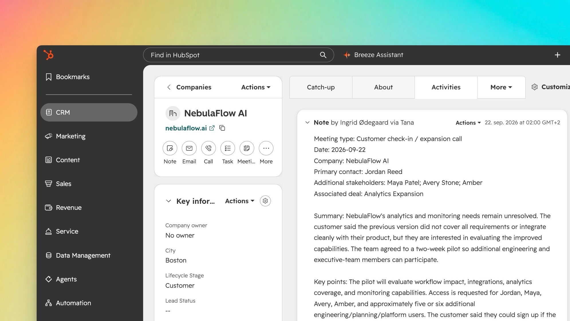 A company in HubSpot with meeting summary sent from Tana